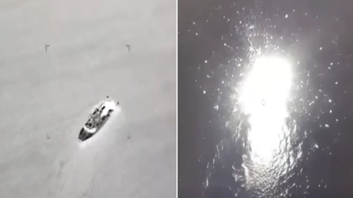 This split image taken from video purportedly shows a Russian patrol boat being destroyed in the Black Sea.