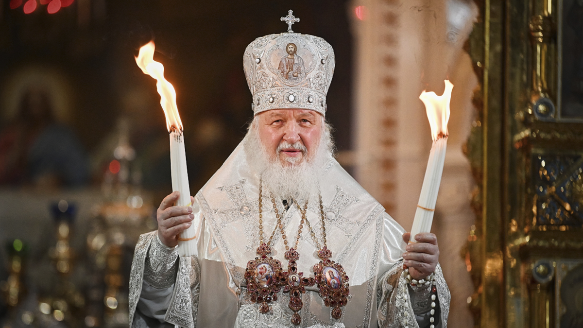 Russian Orthodox Church Patriarch Kirill conducts the Easter service at the Christ the Savior Cathedral in Moscow, Russia, on Saturday, April 23.