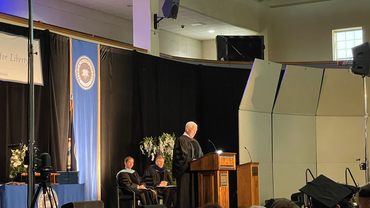 Former Vice President Mike Pence delivers the commencement address at Patrick Henry College in Virginia on May 7.