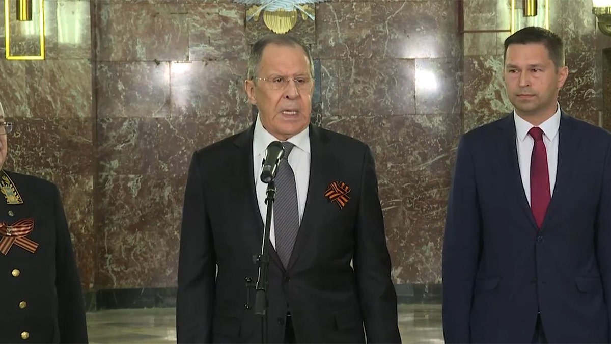 Russian Foreign Minister Sergei Lavrov speaks at a ceremony, Friday, May 6, 2022.