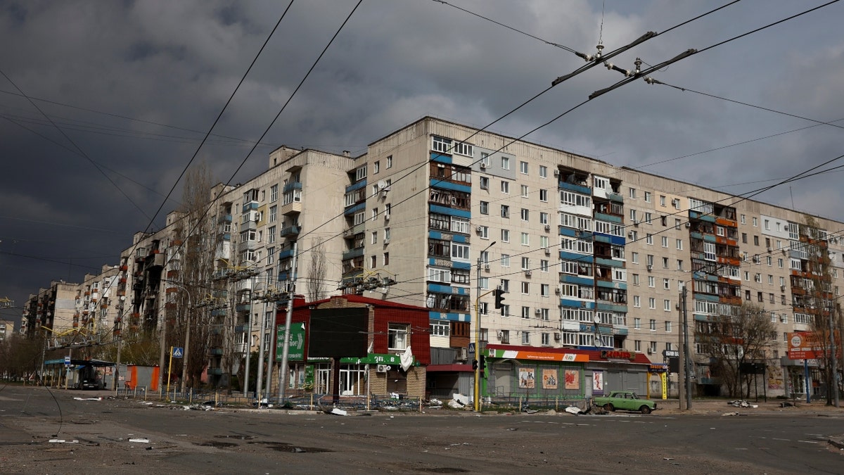 War-torn buildilng in Sievierodonetsk, Ukraine with gray skies