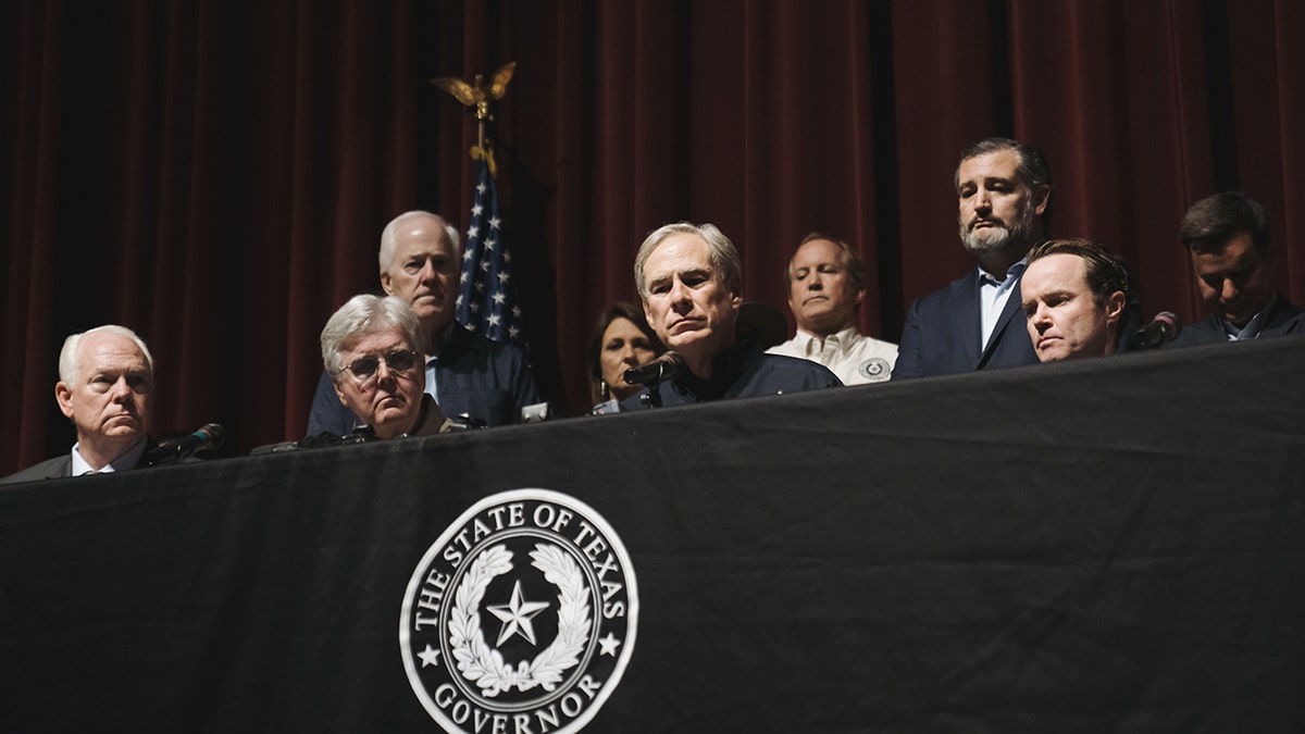 Texas Governor Greg Abbott and Lieutenant Governor Dan Patrick at a press conference on the Uvalde school shooting