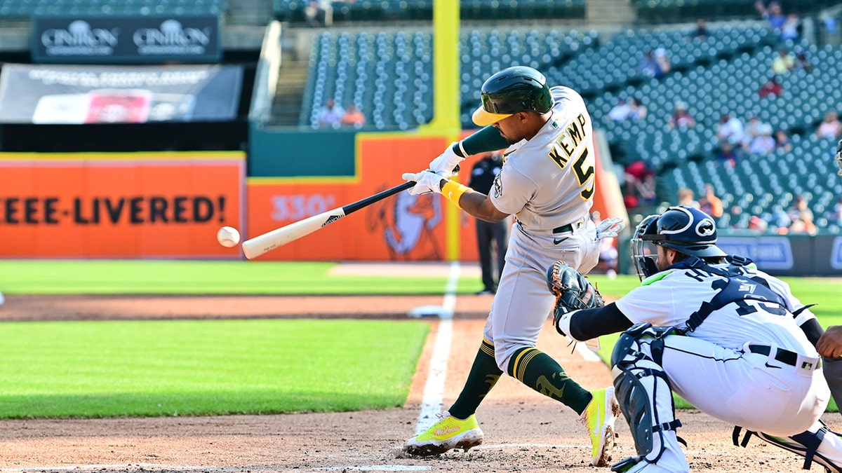 Oakland Athletics second baseman Tony Kemp (5) lines a ball foul in the second inning during the Detroit Tigers versus the Oakland As game 2 of a doubleheader on Tuesday May 10, 2022 at Comerica Park in Detroit, MI.