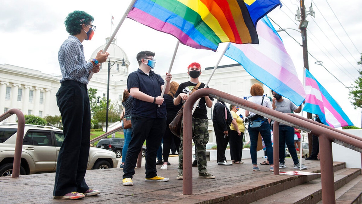 Transgender activists stand in a row holding LGBTQ and transgender pride flags