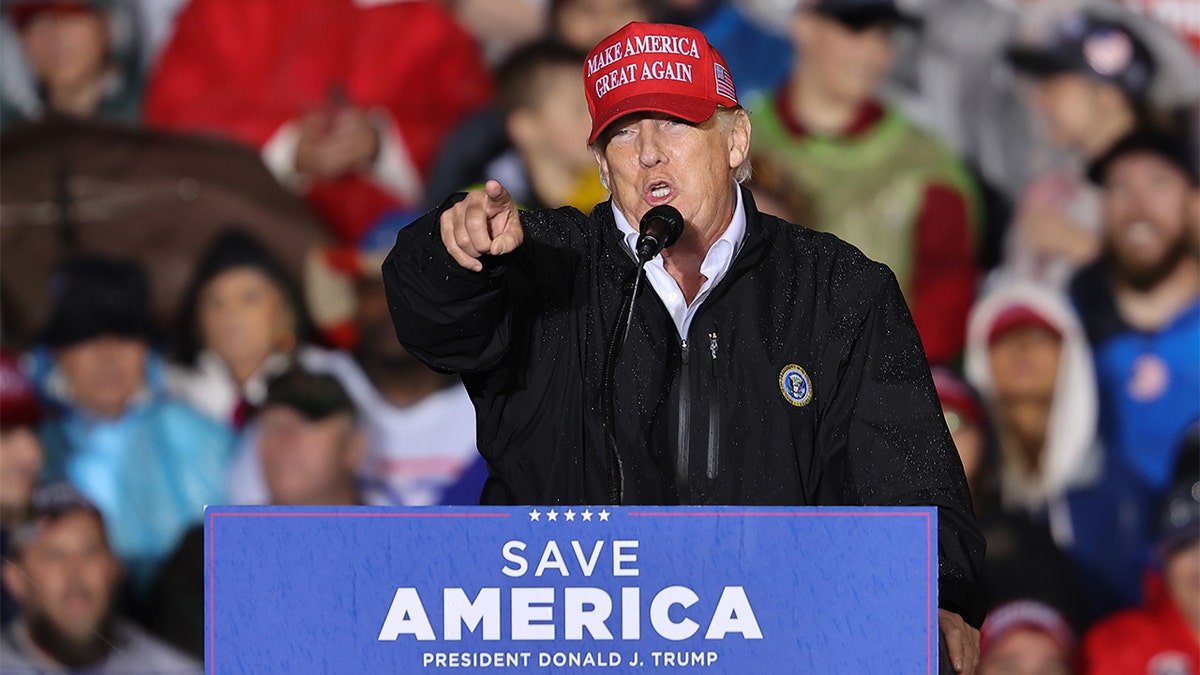 Former President Donald Trump speaks at the "Save America" rally for Mehmet Oz for U.S. Senate, in Greensburg, Pennsylvania, on May 6, 2022. (Photo by Tayfun Coskun/Anadolu Agency via Getty Images)