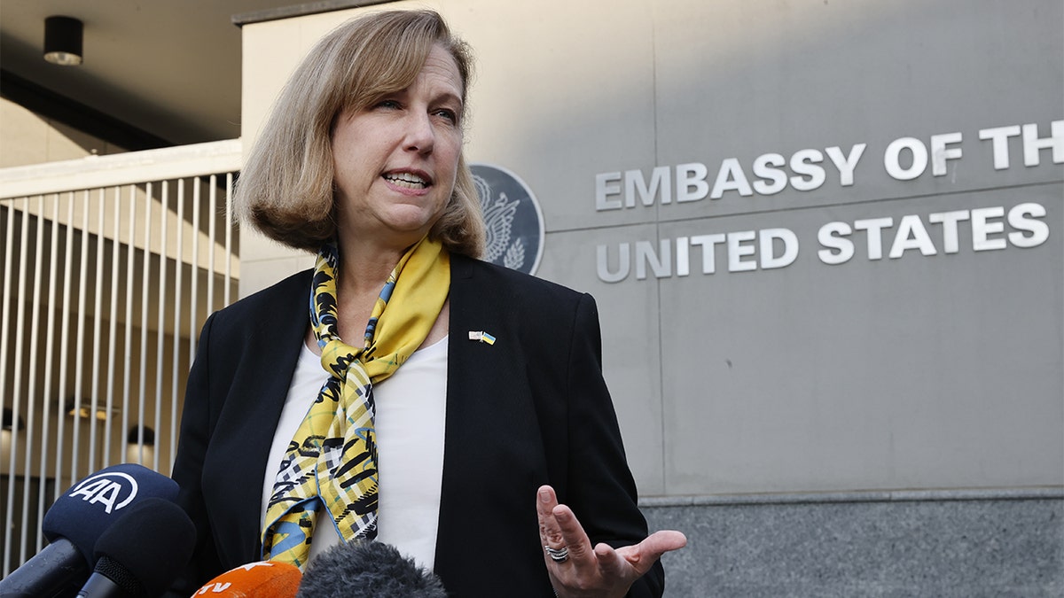 U.S. Charge d'Affaires Kristina Kvien to Ukraine holds a press conference in front of the U.S. Embassy in Kyiv, Ukraine on May 8, 2022. (Photo by DoÄukan Keskinkilic/Anadolu Agency via Getty Images)