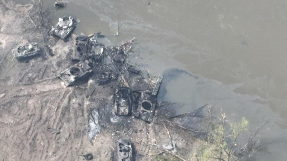 Russian tanks and other vehicles purportedly destroyed during the failed river crossing.