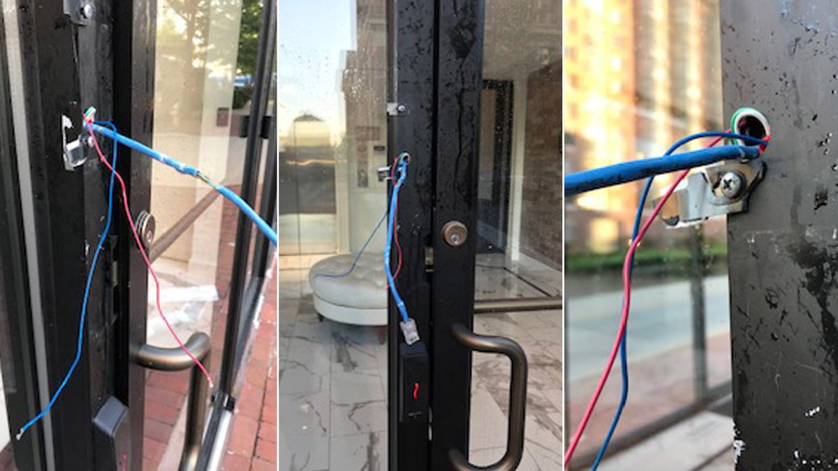 Photos provided to Fox News Digital show exposed intercom system wires outside of the Concerned Women for America's headquarters in D.C.