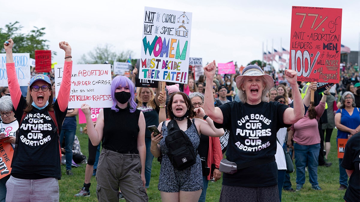 Abortion rights activist rally at the Washington Monument before a march to the U.S. Supreme Court in Washington, May 14, 2022. (Photo by JOSE LUIS MAGANA/AFP via Getty Images)