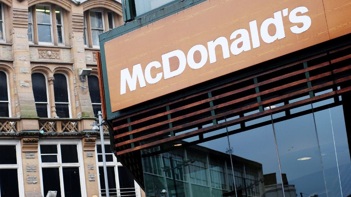 A close-up shot of a McDonald's sign at the Liverpool location in London, England