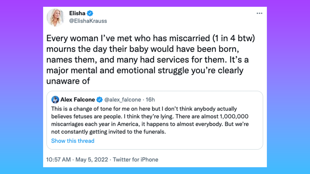 Conservative commentator Elisha Krauss rebukes Alex Falcone for his tweet about miscarriages.