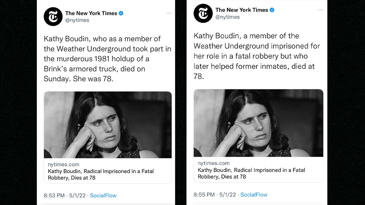 The New York Times quickly deleted and edited a tweet on May 1, 2022 breaking the news that Kathy Boudin had died. 