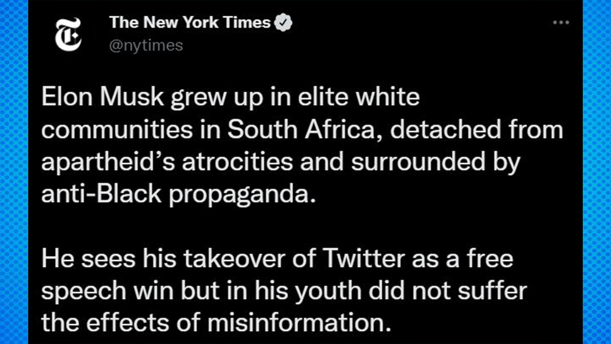 A tweet from the New York Times promoting a 2022 piece on Elon Musk's upbringing in South America. 