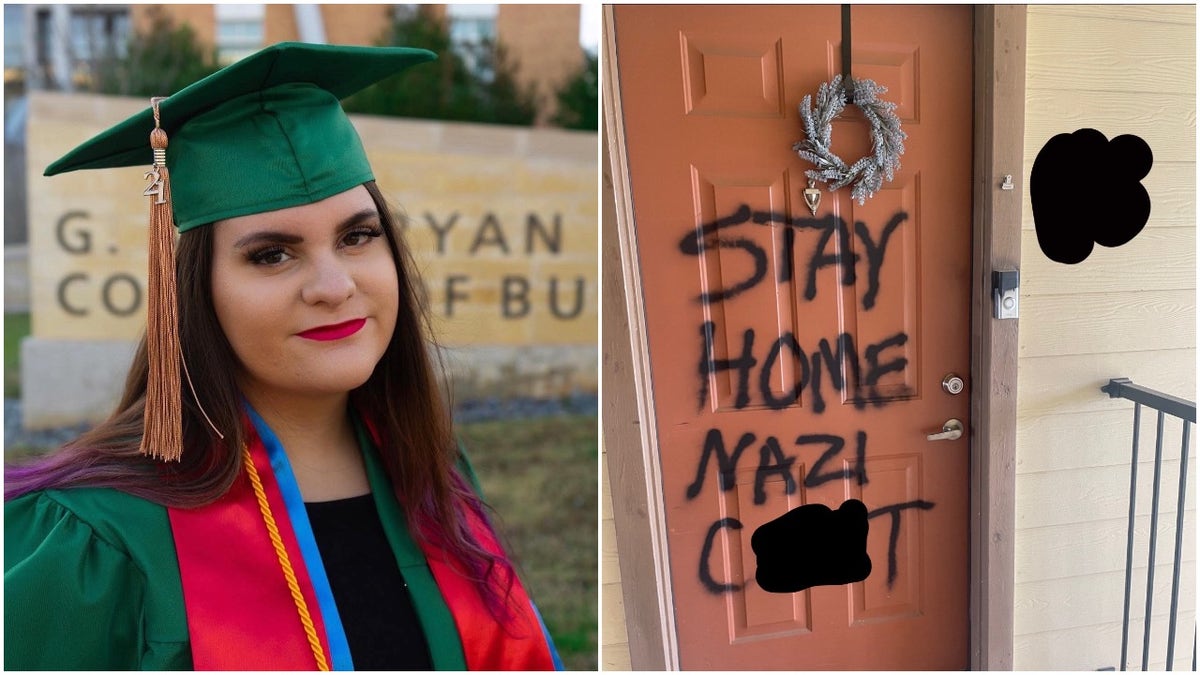 UNT senior Kelly Neidert and her vandalized front door