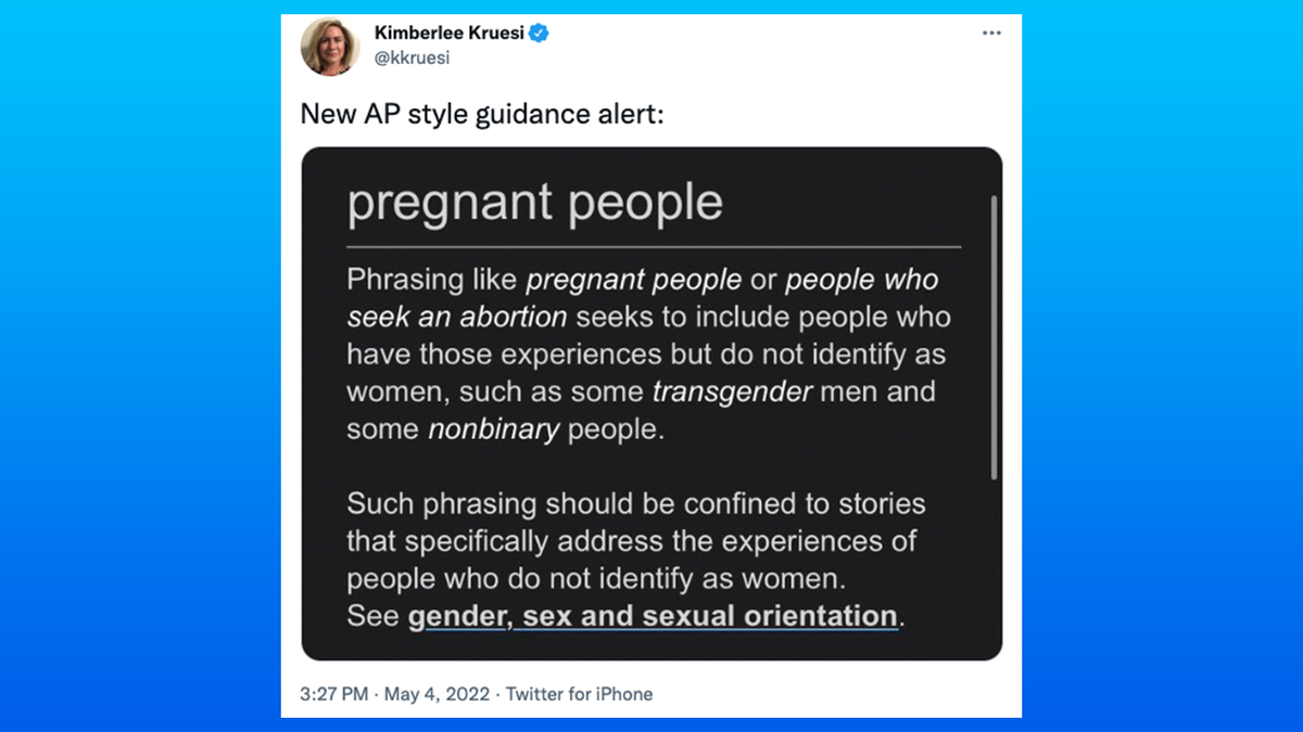 AP journalist tweets about new AP style guide update concerning "pregnant people."