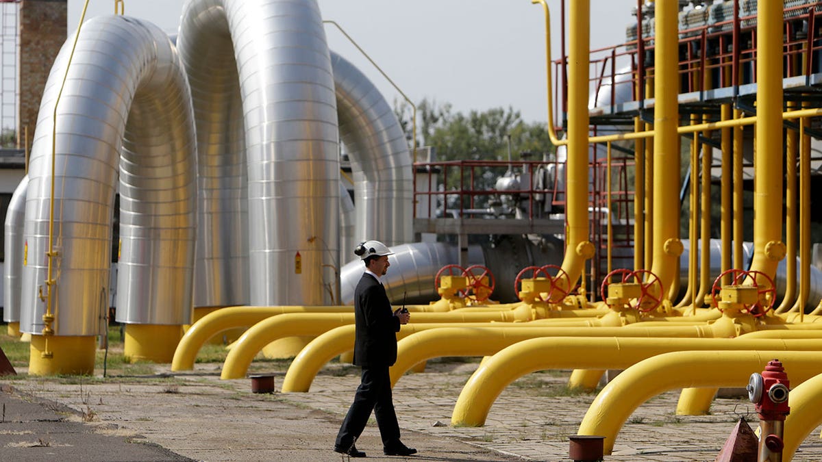 A security worker walks past pipelines at a gas compressor station on Slovakia-Ukraine border in Velke Kapusany September 2, 2014.
