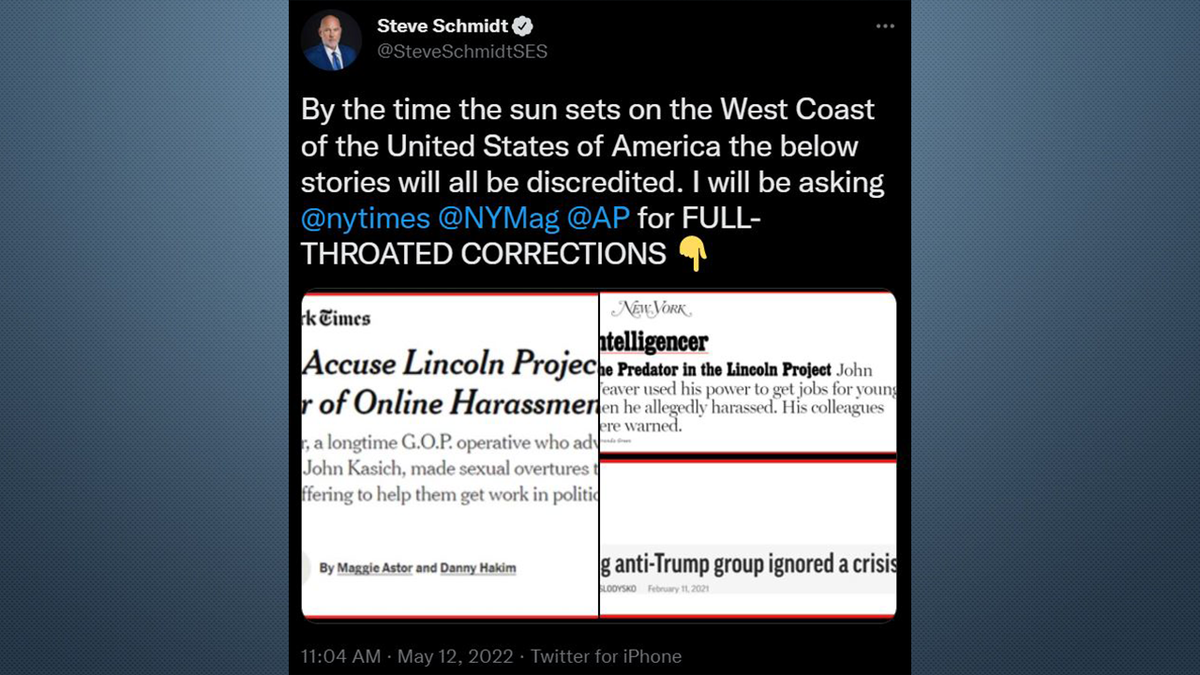 Steve Schmidt tweets about stories regarding the Lincoln Project.