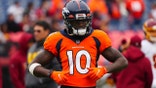 Oct 31, 2021; Denver, Colorado, USA; Denver Broncos wide receiver Jerry Jeudy (10) before the game against the Washington Football Team at Empower Field at Mile High.