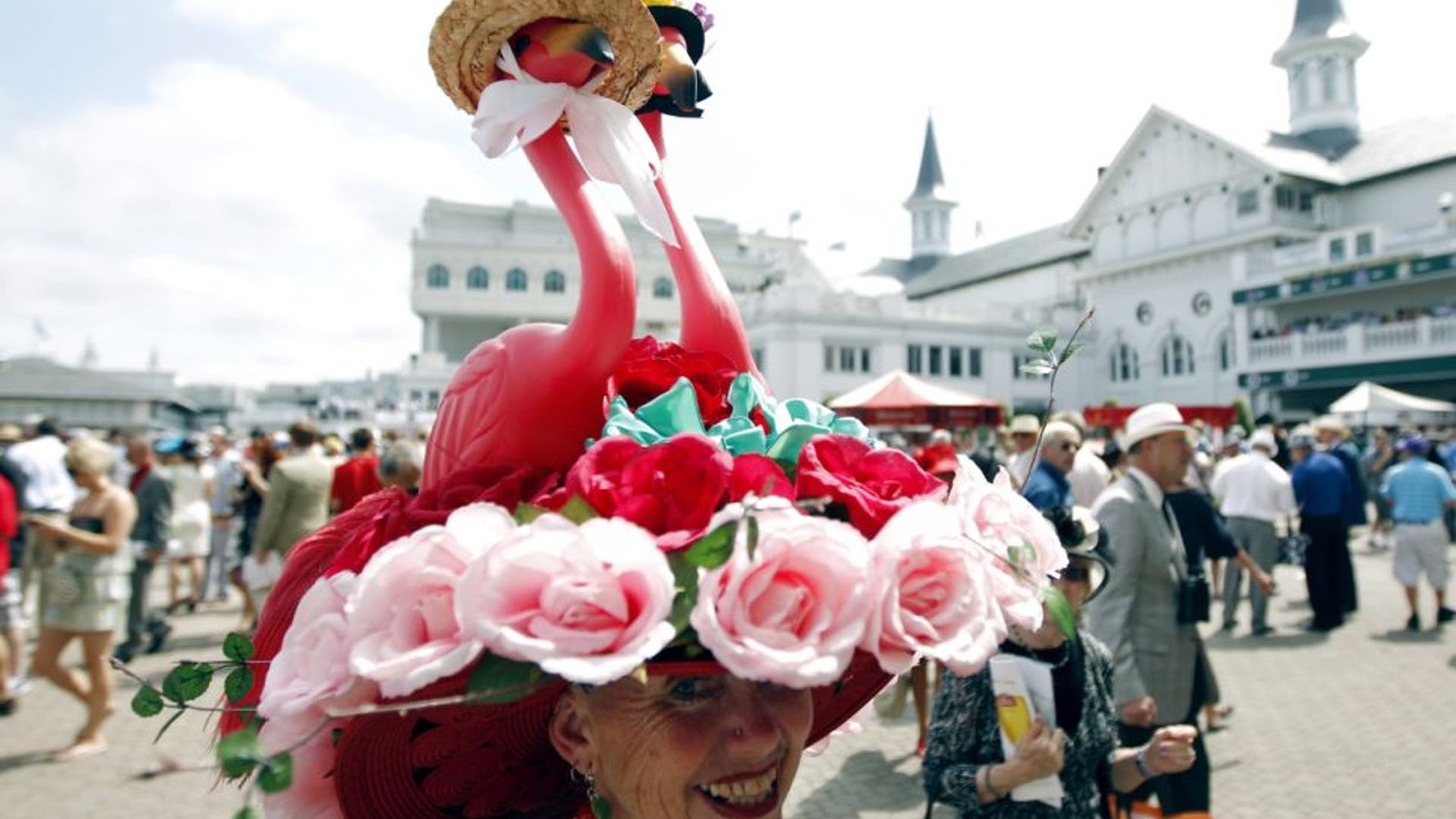 Tall flamingo-flower Kentucky Derby hat
