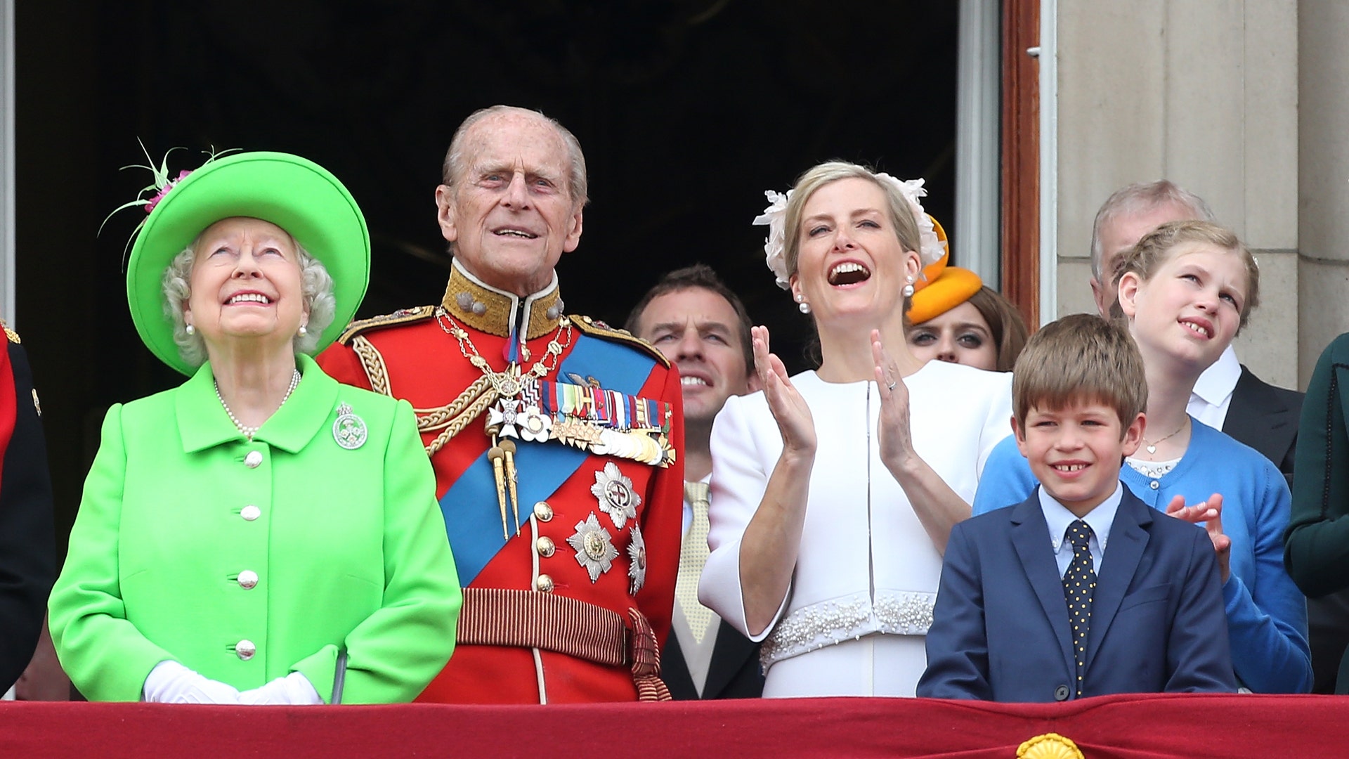 Queen Elizabeth II, Prince Philip, Duke of Edinburgh, Sophie, Countess of Wessex, James, Viscount Severn and Lady Louise Windsor