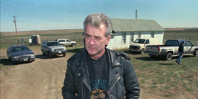 Randy Weaver, the object of the Ruby Ridge siege, visits with the media at the main FBI roadblock outside the Freemen compound in Montana on April 27, 1996.