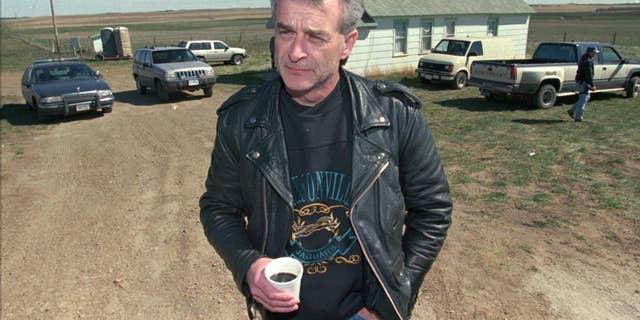 Randy Weaver, the object of the Ruby Ridge siege, visits with the media at the main FBI roadblock outside the Freemen compound in Montana on April 27, 1996.