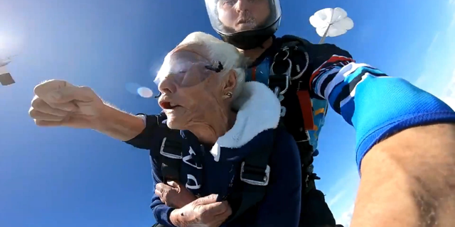 Raymode Sullivan chose to skydive for her 100th birthday. A professional instructor from Skydive Sebastian helped her complete that milestone goal over Port St. Lucie, Florida.