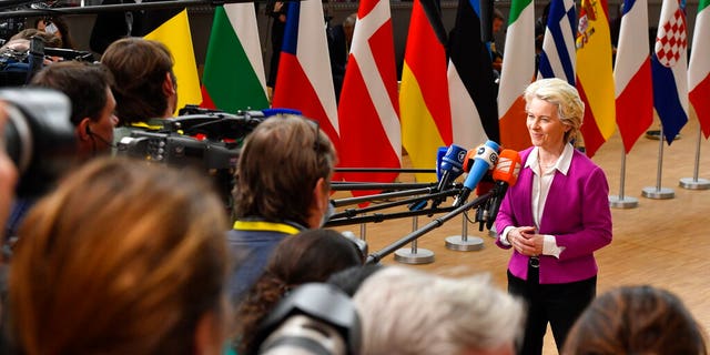 Ursula von der Leyen, President of the European Commission, speaks to media prior the extraordinary meeting of EU leaders to discuss Ukraine, energy and food security at the Europa building in Brussels, Monday, May 30, 2022. European Union leaders will gather Monday in a fresh show of solidarity with Ukraine but divisions over whether to target Russian oil in a new series of sanctions are exposing the limits of how far the bloc can go to help the war-torn country. 