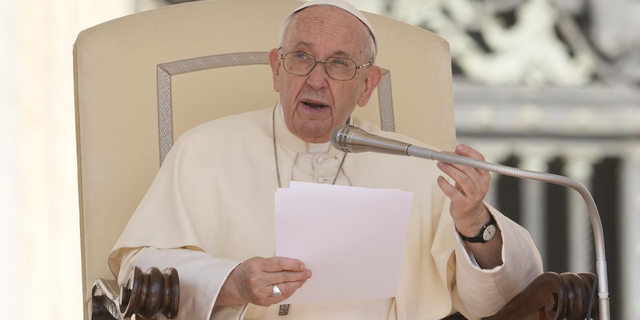 Pope Francis delivers his speech during his weekly general audience in St. Peter's Square, at the Vatican, on Wednesday, May 25.