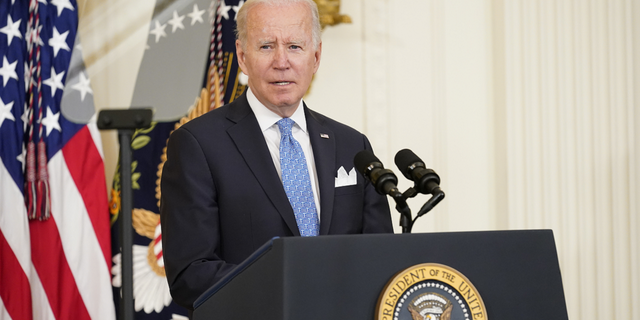 President Joe Biden speaks before presenting Public Safety Officer Medal of Valor awards to fourteen recipients, during an event in the East Room of the White House, on Monday, May 16.