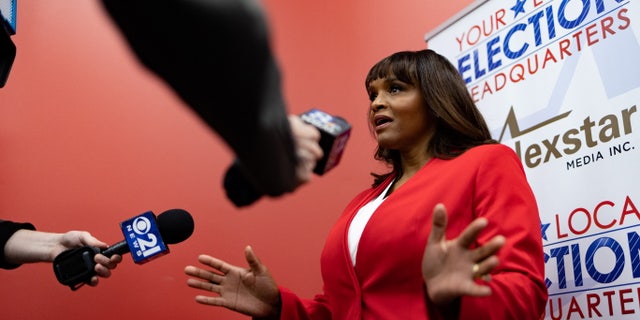 Kathy Barnette, U.S. Republican Senate candidate for Pennsylvania, speaks during an interview following the Pennsylvania Senate GOP primary debate in Harrisburg, Pennsylvania, U.S., April 25, 2022. REUTERS/Hannah Beier