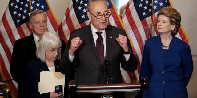 U.S. Senate Majority Leader Chuck Schumer speaks to reporters following the Senate Democrats weekly policy lunch at the U.S. Capitol in Washington, U.S., May 3, 2022.