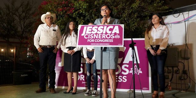 FILE PHOTO: Democrat Jessica Cisneros, who is campaigning for a House seat, speaks during her watch party in Laredo, Texas, March 3, 2020.