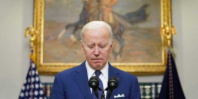 U.S. President Joe Biden reacts as he makes a statement about the school shooting in Uvalde, Texas shortly after Biden returned to Washington from his trip to South Korea and Japan, at the White House in Washington, U.S. May 24, 2022. 