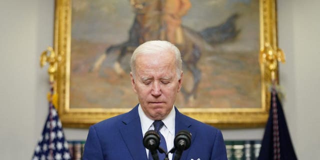 U.S. President Joe Biden reacts as he makes a statement about the school shooting in Uvalde, Texas shortly after Biden returned to Washington from his trip to South Korea and Japan, at the White House in Washington, U.S. May 24, 2022. 