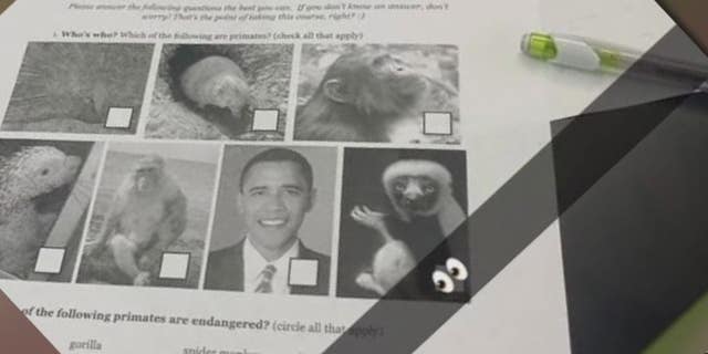 School work assigned to students at The Roeper School in Michigan comparing former President Barack Obama to monkeys.