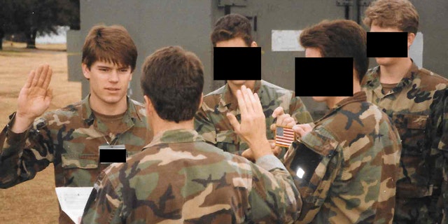 A young Tom Satterly (far left) is shown reenlisting with his team "in an undisclosed overseas location," as he noted in his book, "All Secure."