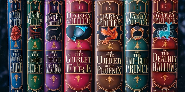 O3 Books' original dust jacket designs for J.K. Rowling's "Harry Potter" book series are shown here. (Pathik Oza/O3 Books)