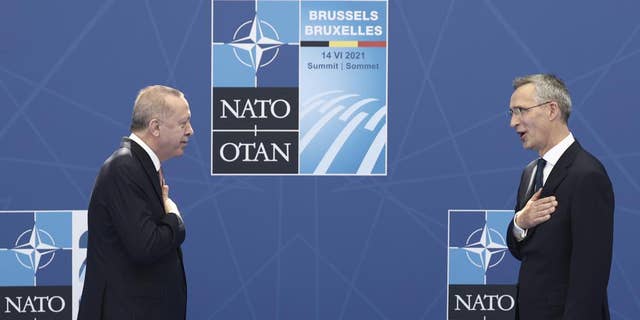 NATO Secretary-General Jens Stoltenberg greets Turkey's President Recep Tayyip Erdogan as he arrives for a NATO summit in Brussels in June 2021.