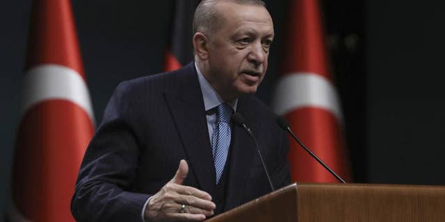 Turkey's President Recep Tayyip Erdogan speaks during a news conference, in Ankara, Turkey, on May 14.