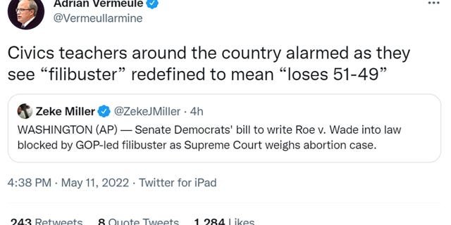 Constitutional Law Professor Adrian Vermeule tweeted "Civics teachers around the country alarmed as they see ‘filibuster’ redefined to mean ‘loses 51-49’"