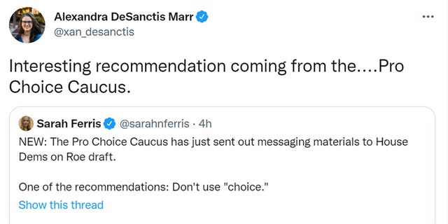 Alexandra DeSanctis Marr tweeted "Interesting recommendation coming from the....Pro Choice Caucus."