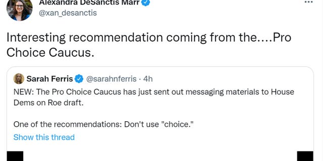 Alexandra DeSanctis Marr tweeted "Interesting recommendation coming from the....Pro Choice Caucus."