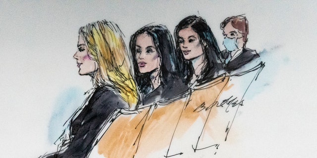 In this courtroom artist sketch, Khloe Kardashian, from left, Kim Kardashian, Kylie Jenner and Kris Jenner sit in court in Los Angeles, Tuesday, April 19, 2022. Following the news on Monday, Michael Rhodes and Michelle Doolin, trial counsel for the famous family issued a statement.