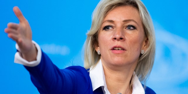 FILE - Russian Foreign Ministry spokesperson Maria Zakharova gestures as she attends Russian Foreign Minister Sergey Lavrov's annual roundup news conference in Moscow, Russia, Friday, Jan. 17, 2020.