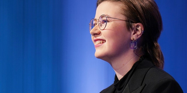 This image released by Sony Pictures Television shows Mattea Roach, a 23-year-old Canadian contestant on the game show "Jeopardy!" (Tyler Golden/Sony Pictures Television via AP)