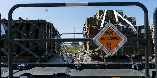 Pallets of 155 mm shells and fuses are loaded, ultimately bound for Ukraine, Friday, April 29, 2022, at Dover Air Force Base, Del.