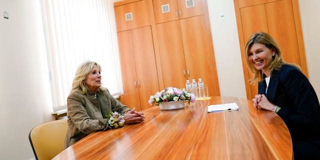 First lady Jill Biden meets with Olena Zelenska, spouse of Ukrainian's President Volodymyr Zelenskyy, at School 6, a public school that has taken in displaced students in Uzhhorod, Ukraine, Sunday, May 8, 2022. 