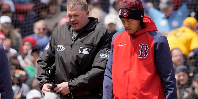 Home plate umpire Ron Kulpa leaves the game after being hit with a foul ball during the fourth inning of a game between the Boston Red Sox and the Chicago White Sox at Fenway Park, Sunday, May 8, 2022, in Boston.