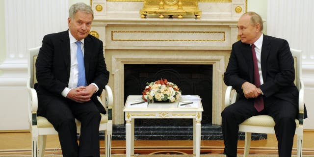 FILE - Russian President Vladimir Putin, right, and Finnish President Sauli Niinisto talk during their meeting in the Kremlin in Moscow, Russia, Oct. 29, 2021. Niinisto, the Western leader who appeared to have the best rapport with Putin before the Ukraine war, is expected to announce his stance on NATO membership on Thursday, May 12, 2022.